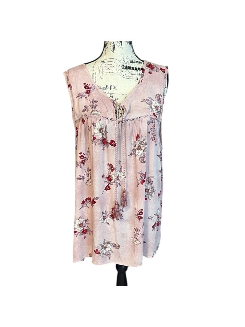 Knox Rose Sleeveless Top Floral Tie Front Eyelet Edging Pink Purple Size XXL
